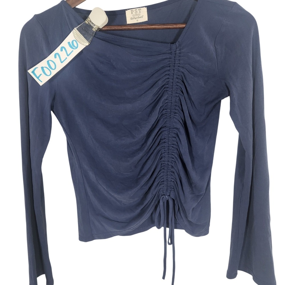 PST Los Angeles Blue Crop Top Asymmetrical Drawstring Ruching Size XS Y2K Style